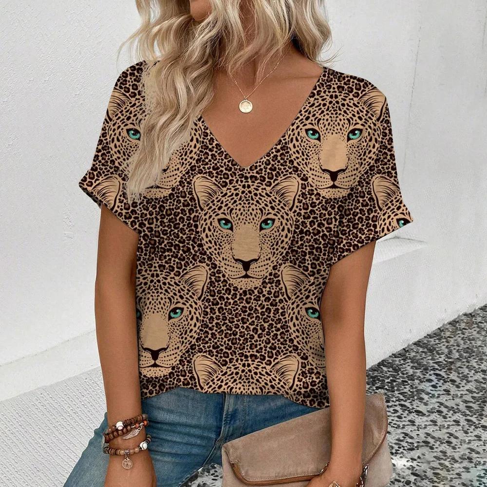 Summer Clothing V-neck Sexy Leopard 3D Print T-shirt Animal Pattern Women's Shirt Short Sleeve Street T-shirt