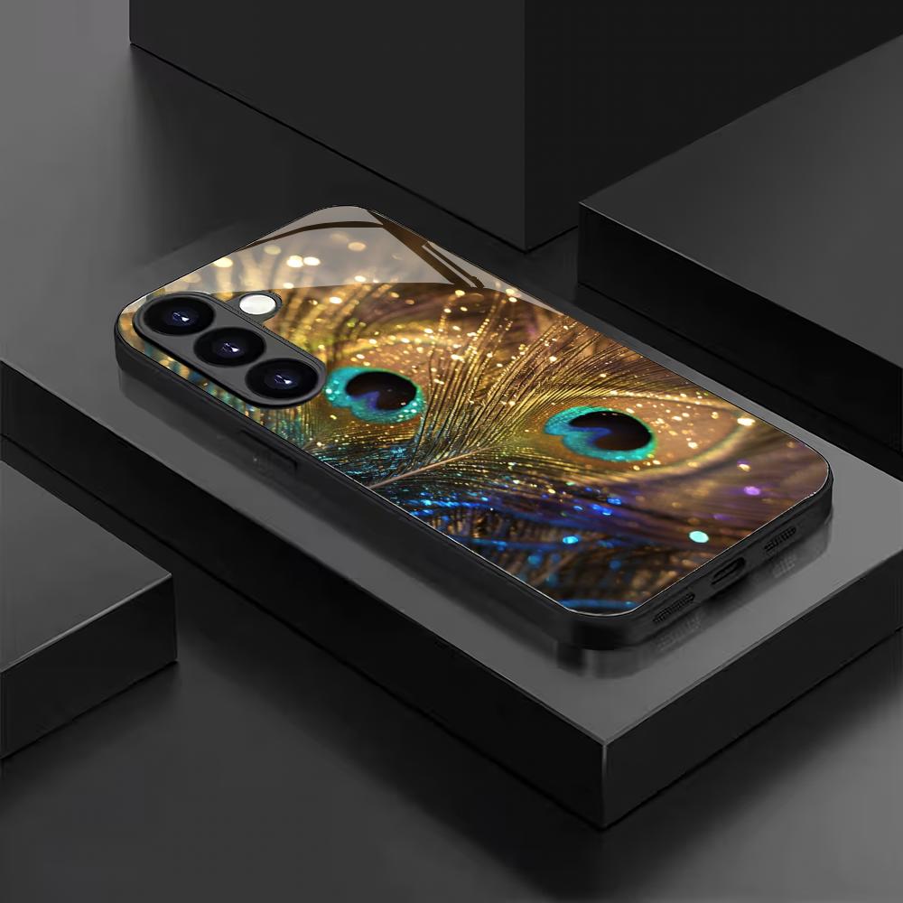 Закаленное стекло для телефона с рисунком перьев павлина, подходит для Samsung Galaxy S26 S25 S24 S23 S22 S20 FE/Ultra/Plus, противоударная задняя крышка