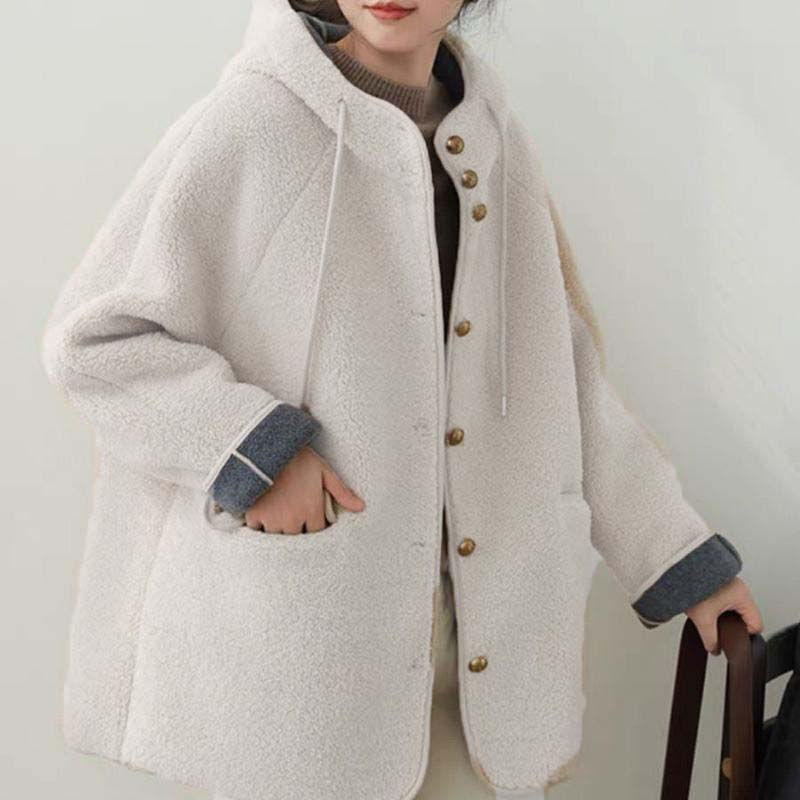 Женские свободные куртки с капюшоном из овечьей шерсти, повседневные однобортные толстые пальто, зимнее теплое пальто с длинным рукавом из гранулированного бархата