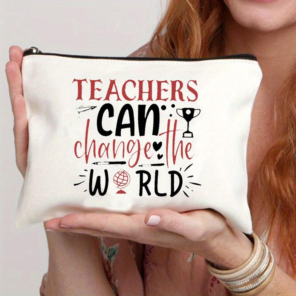 Simple Teacher Change The World Pattern Print Makeup Bag, Women Handhold Bag Travel Cosmetics Storage Pouch Bag Toiletry Bag, Gift For Teacher