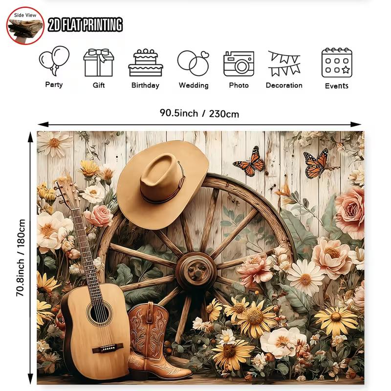 2D Boho Cowboy Backdrop Wild West Country Music Floral Photography Background