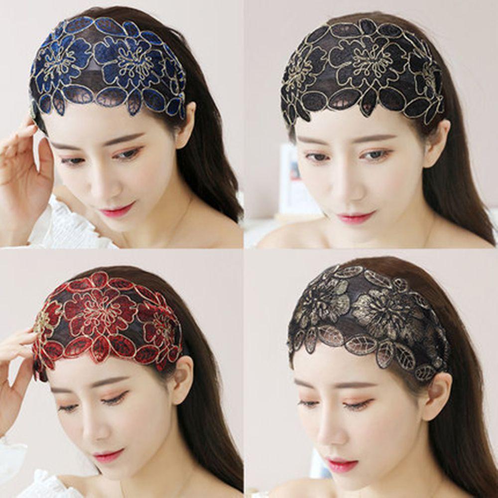 Vintage Lace Floral Printed Head Hoop Korean Broadside Hair Bands Embroidery Flower Headband Toothed Non-slip Headband