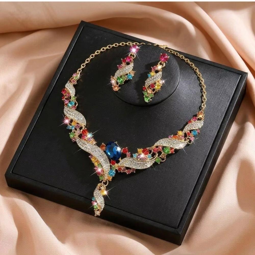 Colorful Rhinestone Jewelry Set Copper Electroplated Gold Clavicle Chain Earring Set Luxury