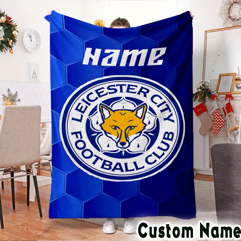 Custom Name Leicester FC Crest Throws Blanket Flannel Blankets for Couch Bed Gifts for Men Women Picnic blanket Christmas fan gifts