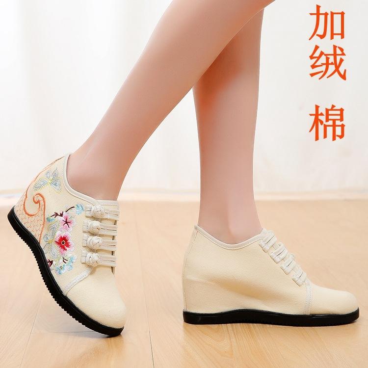 New Thickened Velvet Cotton Dream Butterfly Fluttering, Ethnic Style Double Buckle Canvas Wedge Heel 7cm Women's Shoes Bridal High Heels
