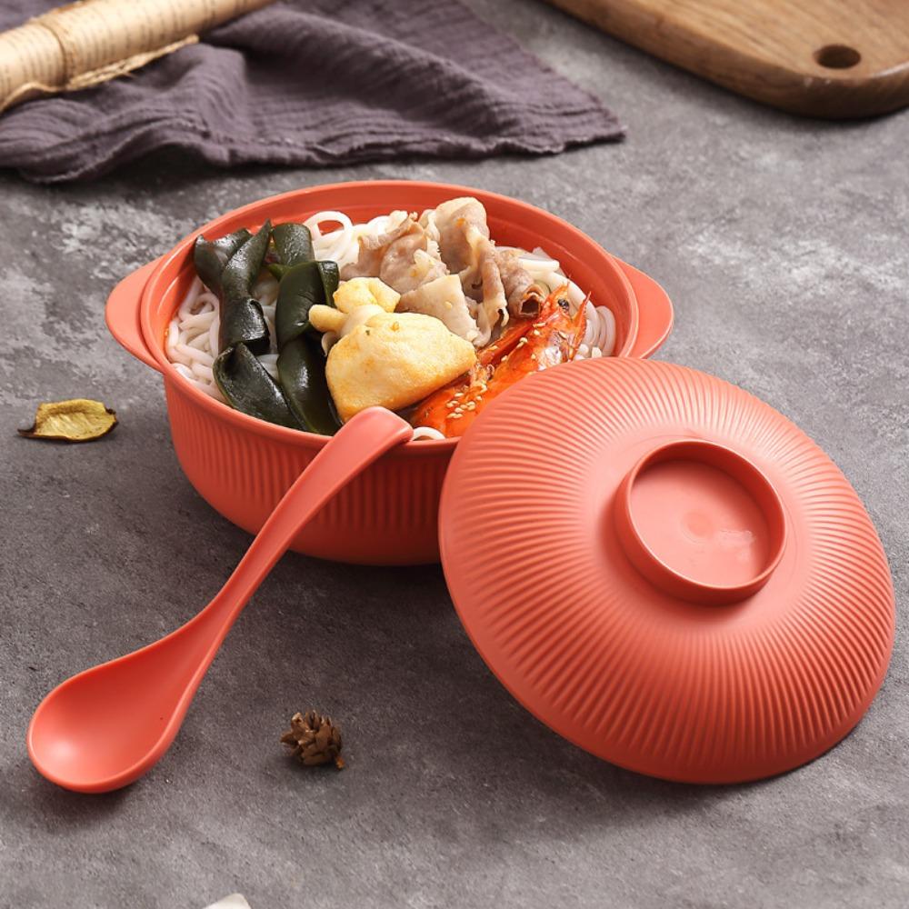 4 Set Household Large Capacity Ramen Noodles Bowl Vertical Striped Plastic Soup Bowl with Lid and Spoon Salad Bowl Canteen