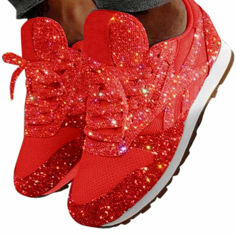 Женские кроссовки с блестками и блестками Sparkle Trainer Sports Jogger Running Lace Up Shoes