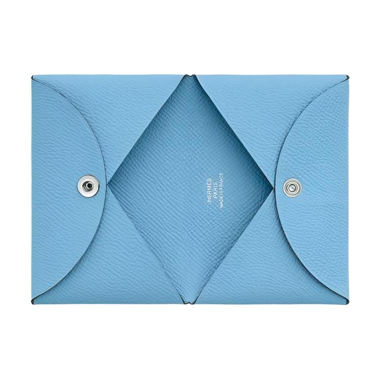 Hermes Calvi Solid Color Silver Buckle Epsom Leather Wallet Women wallet Celeste H044164CK7N