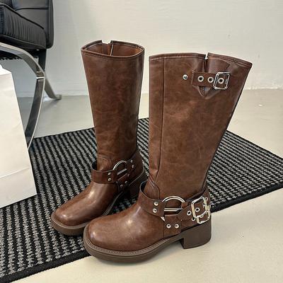 Женские осенние ботильоны на низком каблуке, новые, с квадратным носком, с заклепками, с металлической пряжкой, противоскользящие, износостойкие, на блочном каблуке, средней высоты