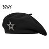 Artist Cap with Rhinestone Star Women Knitted Beret Hat for Fall Winter, French Style Knitting Star, Stretchy Solid Color Elastic