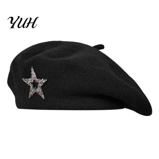 Artist Cap with Rhinestone Star Women Knitted Beret Hat for Fall Winter, French Style Knitting Star, Stretchy Solid Color Elastic