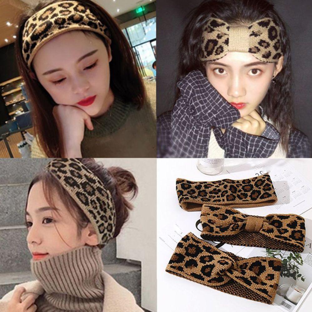 New Hair Styling Winter Warm Bowknot Turban Leopard Headwear Crochet Head Wrap Knitted Headband