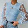 Women Spring Summer Pullover Tops O-neck Flower Decor Mesh Sleeve Chiffon Tops Solid Color Slim Fit Breathable Blouse