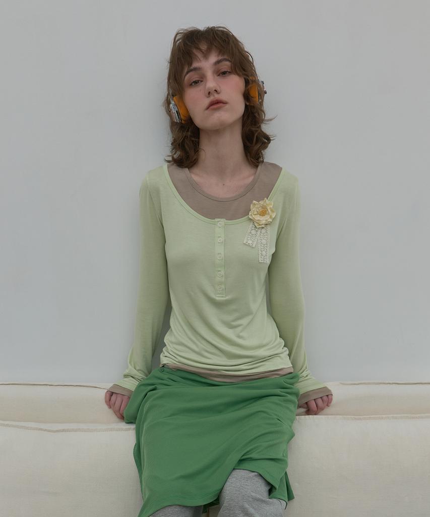 PISCESS Color Block Layered Long Sleeve Tee_Lime