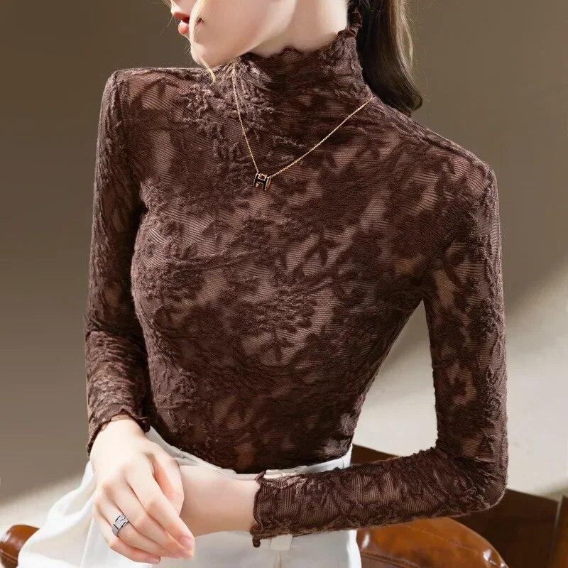 Long Sleeve Crocheted Simple Lace Shirt Women Fashion Turtleneck Woman Blouse Ladies Elegant Female Slim Fit Tops 30272