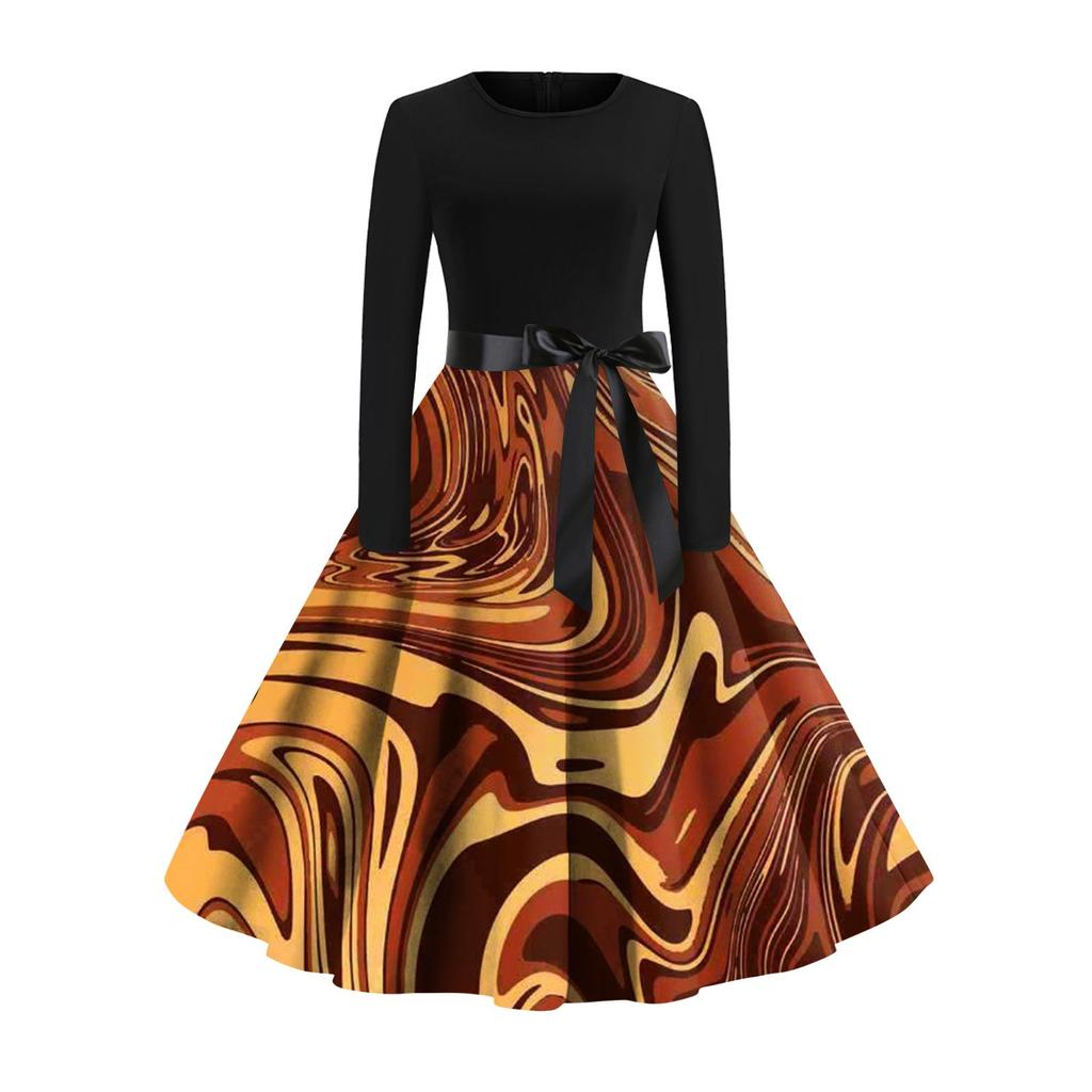 Женское расклешенное платье с принтом для женщин, платье с длинным рукавом, вечерние повседневные платья