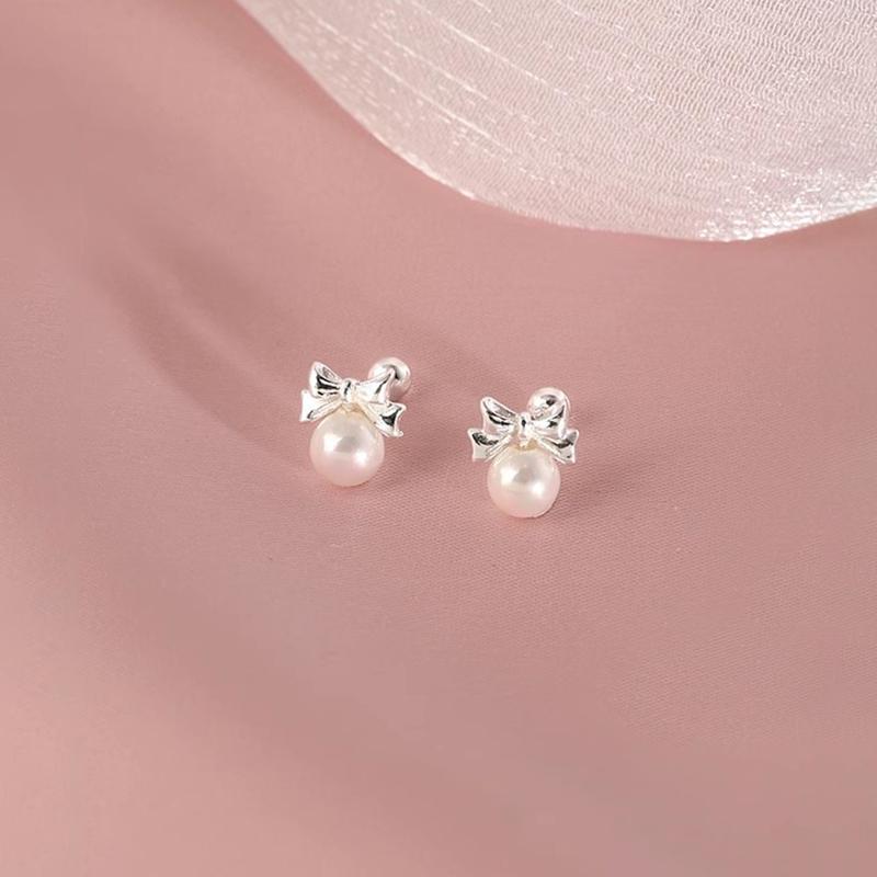 925 Silver Needle Artificial Pearl Bowknot Bead Screw Stud Earrings For Women Classic Jewelry Light Accessories