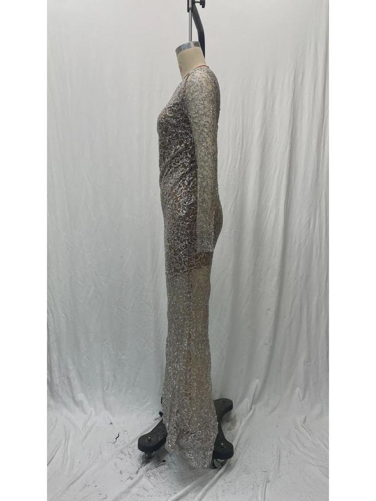 2025 Европейско-американская весна золото штамповка тонкий длинный рукав сексуальное вечернее платье для женщин