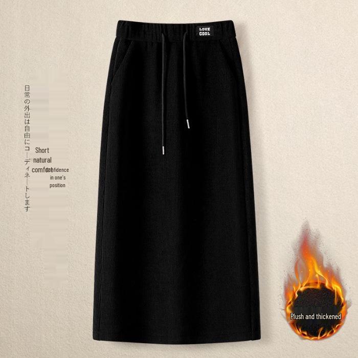 Женская миди-юбка с высоким поясом и плюшем - А-силуэта, на кулиске с эластичным поясом, с прямым подолом, облегающая бедра, Осень/Зима 2025