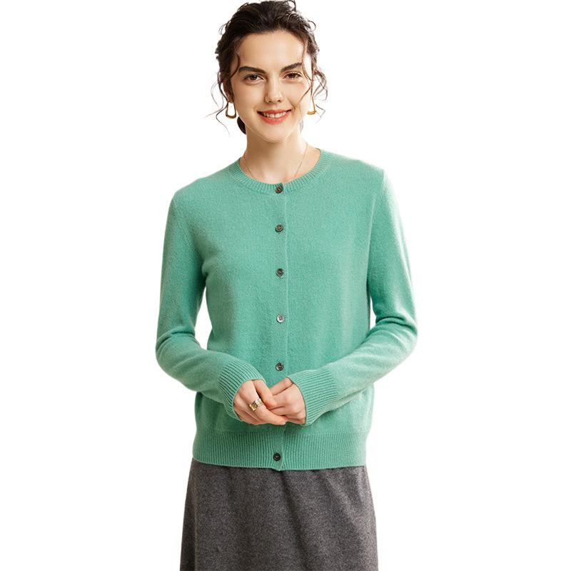 Mengyi Women's Pure Cashmere Round Neck Cardigan - Solid Color, Loose Fit, Warm Knit Outerwear for Spring/Autumn