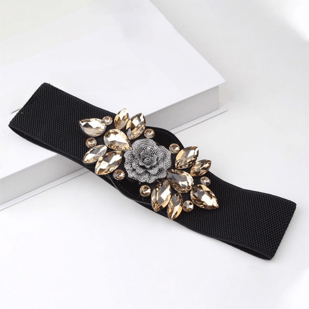 Rose Flower Elastic Cummerbunds Korean Style Rhinestone Waist Belt Fashion Women Waistband Dress