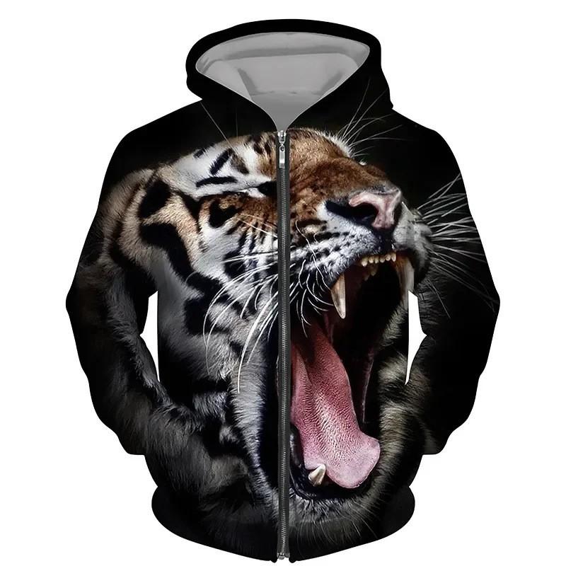 Tiger 3D Print Zip-Up Hoodie Youth Casual Loose Fit Winter Sweatshirt
