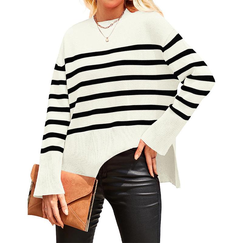 Women's knitted sweater 2025 autumn and winter new products European and American cross-border casual stripes loose crew neck pullover sweater