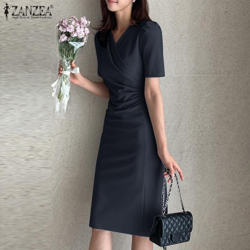 ZANZEA Женское повседневное тонкое платье с круглым вырезом и коротким рукавом