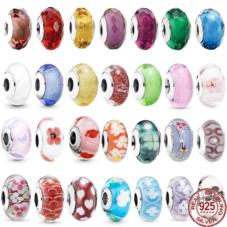 Стерлингового серебра 925 пробы, белый, красный, синий, счастливый четырехлистный клевер, муранское стекло, очаровательные ювелирные изделия, бусины, подходят для милого модного браслета