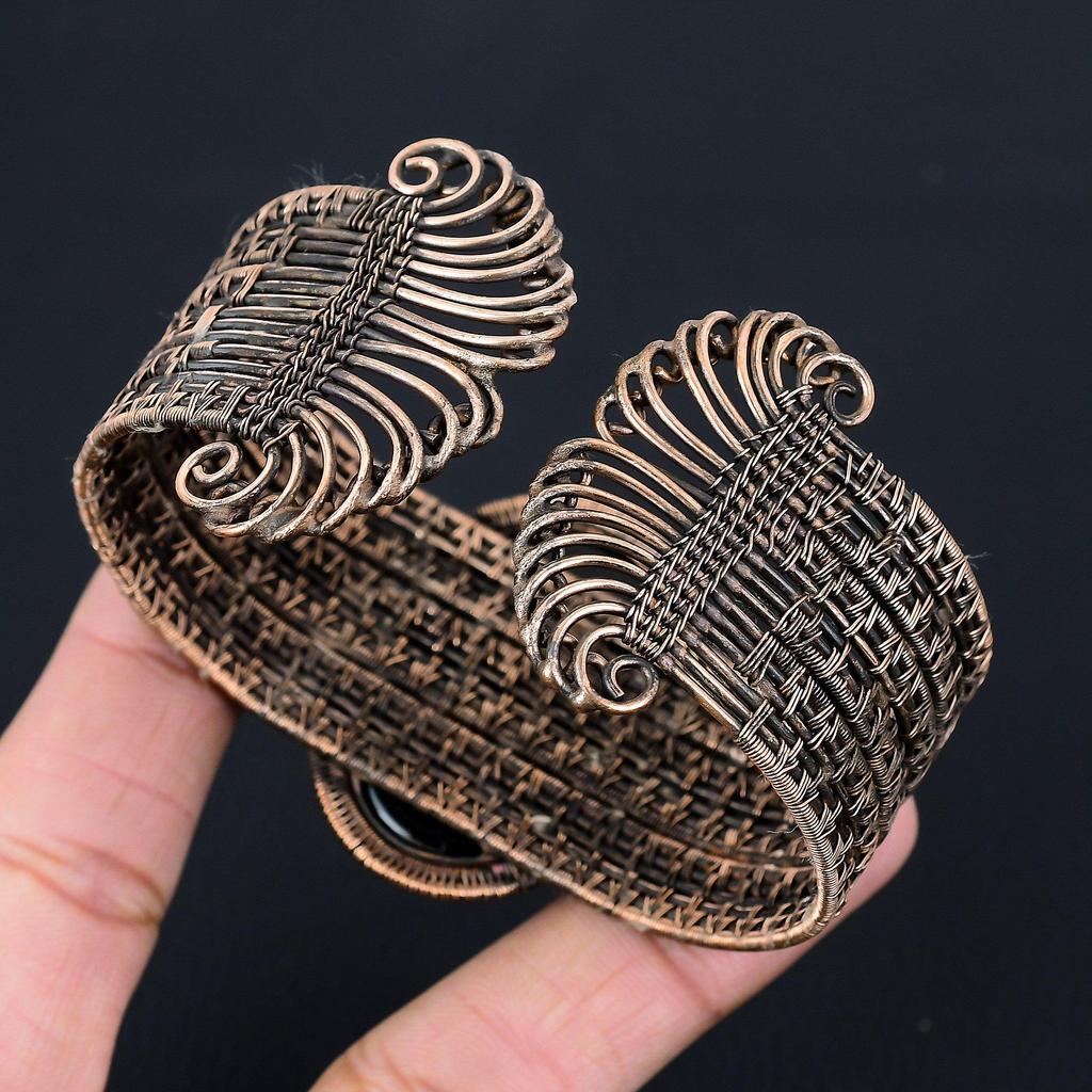 Уникальный черный оникс драгоценный камень чистая медная проволока обернутая вручную манжета/браслет ювелирные изделия