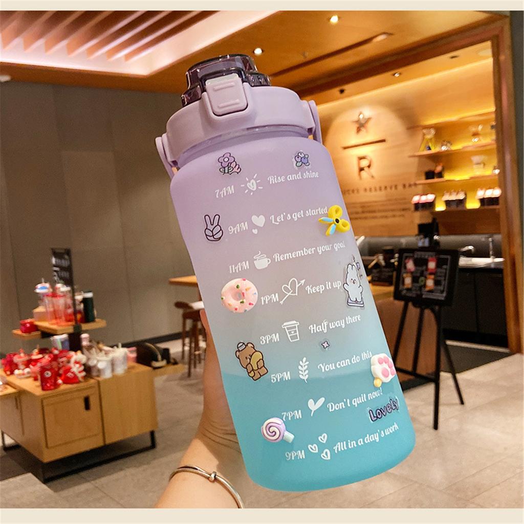 2L Sports Straw Water Bottle With Stickers Portable Large Capacity Fitness Bike Cup Summer Ice Cold Water Jug With Time Marker