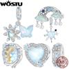 925 Sterling Silver Melting Ice Snowflake Pendant Blue Opal Love Heart Rainbow Charm Fit Original Bracelet DIY Winter Gift