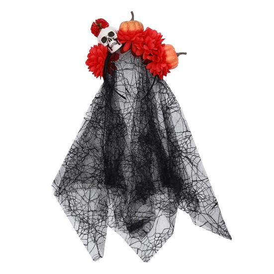Pumpkin Skull Floral Headband Stable Hair Hoop with 3D Artificial Flowers and Spiderweb Black Gauze Gothic Halloween