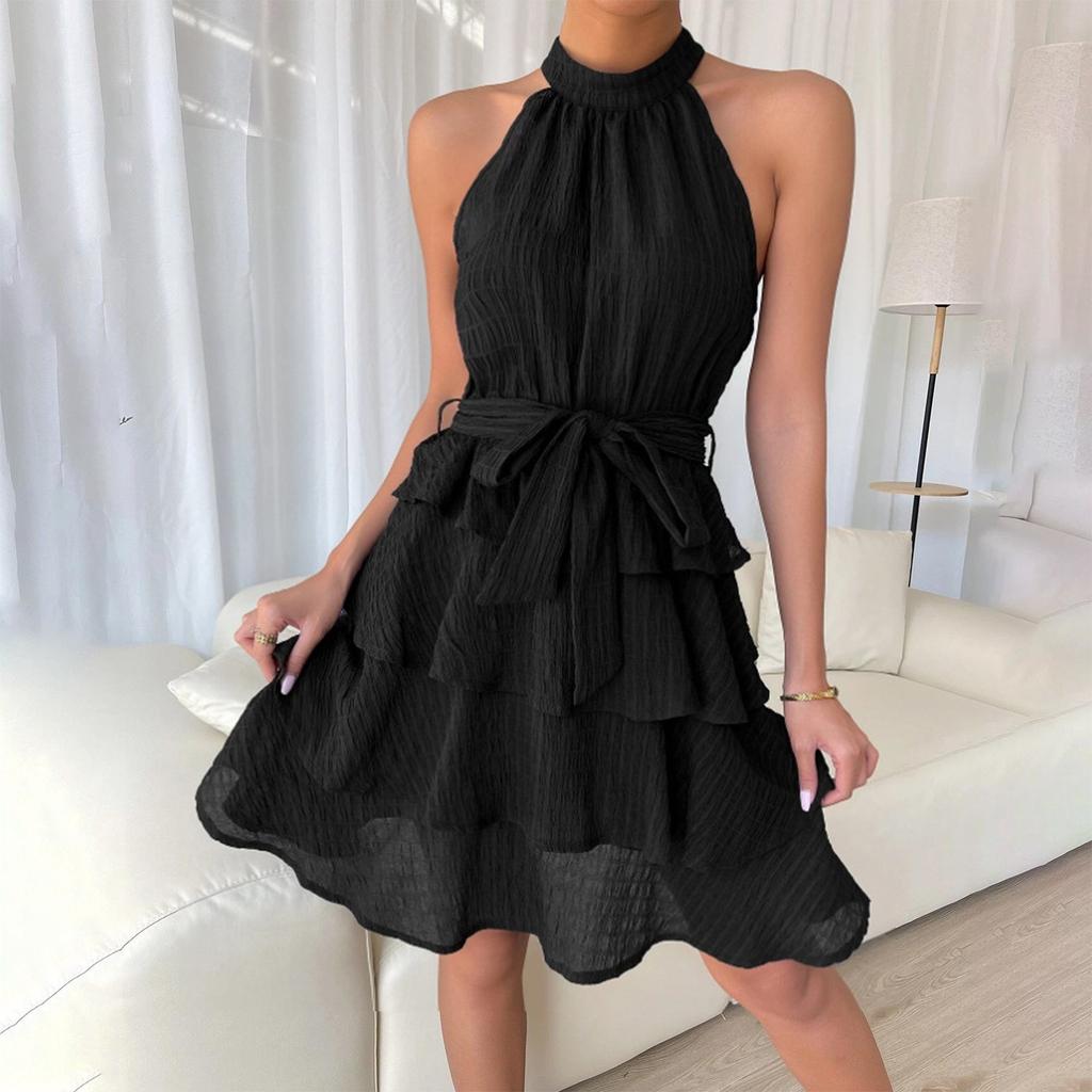 Женское повседневное модное сексуальное однотонное удобное и классное платье с поясом и круглым вырезом