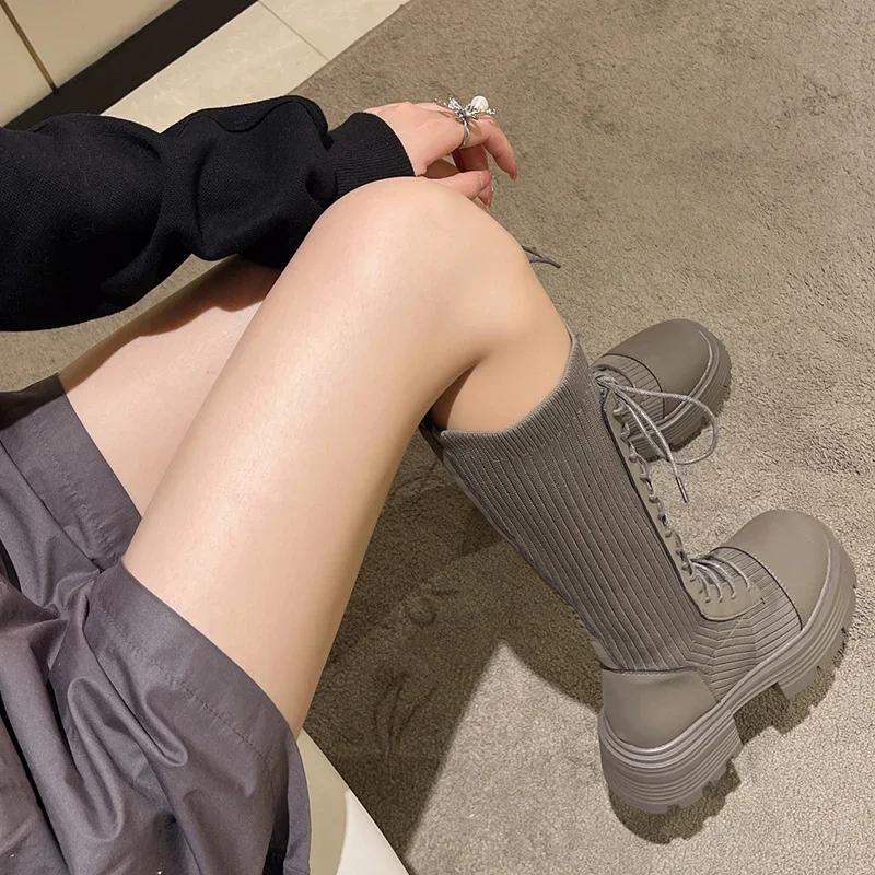 Rimocy 2025 Autumn Winter New Chunky Platform Long Boots Women Thick-soled Stretch Knitted Knee High Boots Woman Botas De Mujer