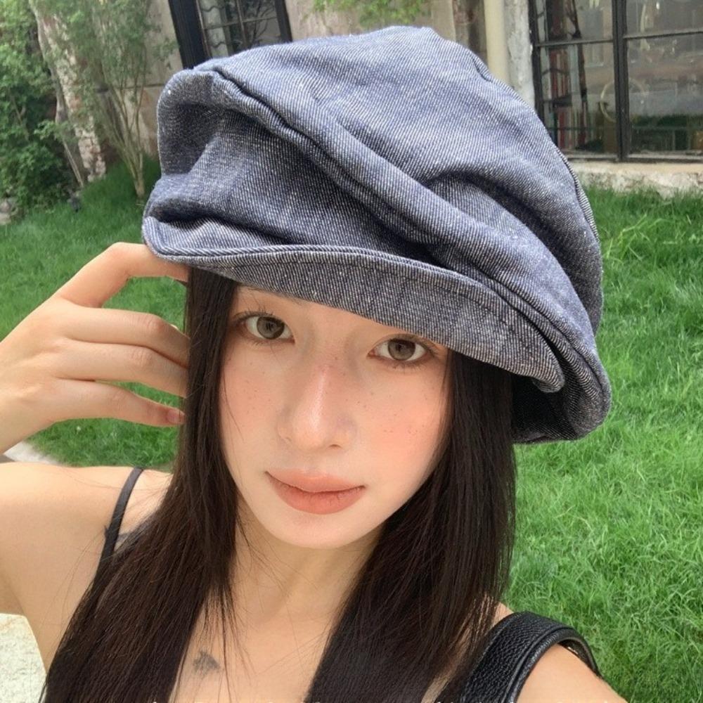 Cloud Octagonal Cap Japanese Pleated Painter Hat Casual Denim Beret  Girl