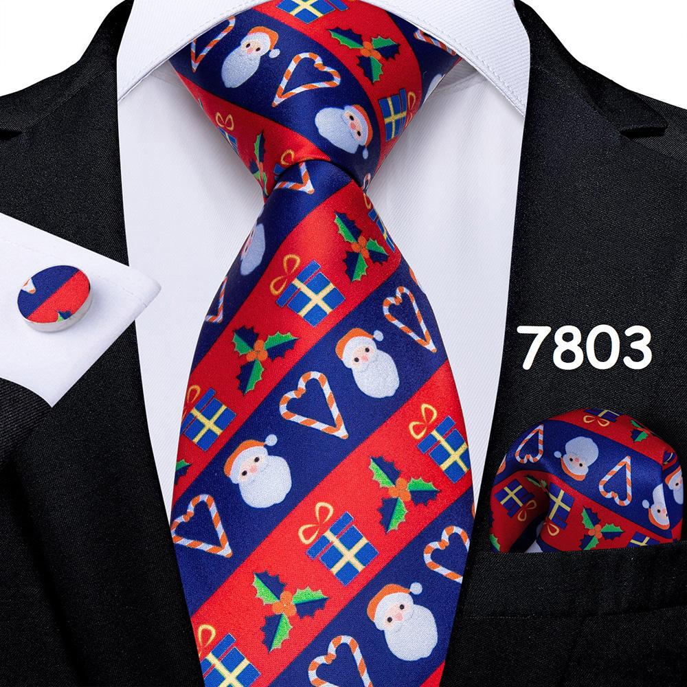 Mens Christmas Tie Set Red Blue Green 8cm Wide Silk Neck Tie Hanky Cufflinks Set Gift For Men Accessories