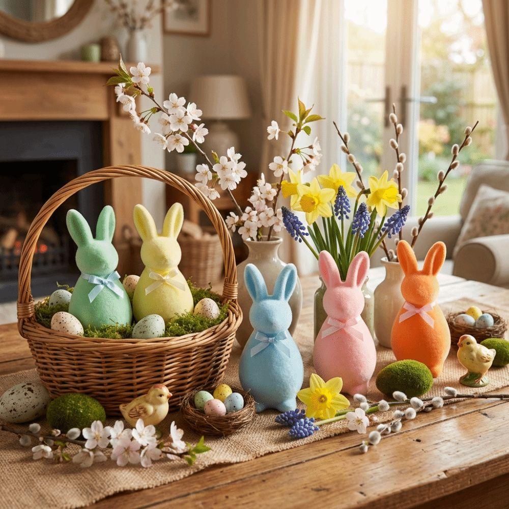 Plush Easter Bunny Statue with Bow Rabbit Gnome Doll Easter Holiday Bunny Sculpture Indoor Table