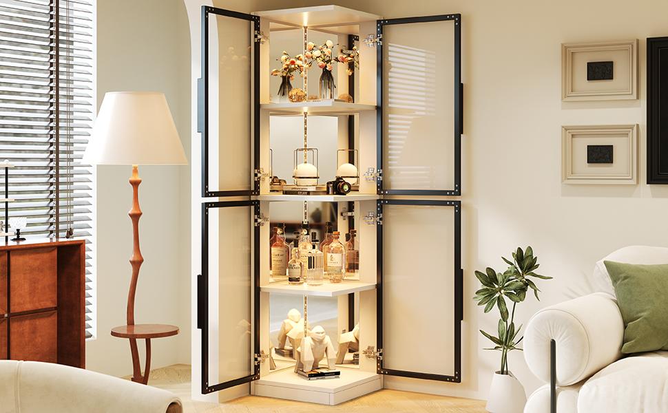 Display Cabinet with Glass 44 × 42 × 164 cm, Mirror Back, Double-Sided Glass, LED Lighting Color Change, Collectibles, Books, Wine & Decoration, White