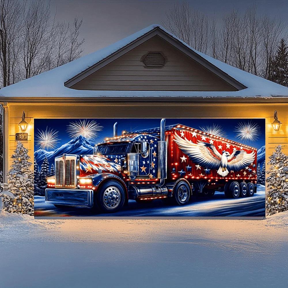 Theme truck garage door banner, large polyester patriotic wall decoration, "Back on the Road" design hanging backdrop