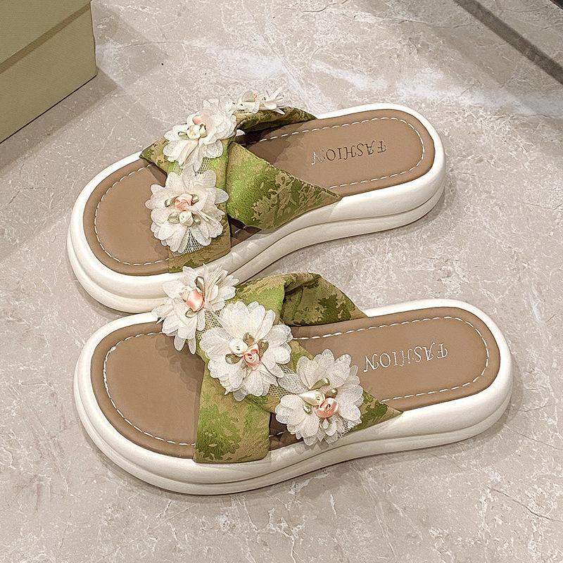 2025 новые крутые тапочки женские летние модные цветы для ношения с юбками тапочки для беременных на толстой подошве для пляжа