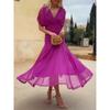 Elegant Solid Color Deep V Neck Mesh Dress Women High Waist Maxi