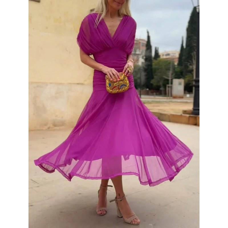 Elegant Solid Color Deep V Neck Mesh Dress Women High Waist Maxi