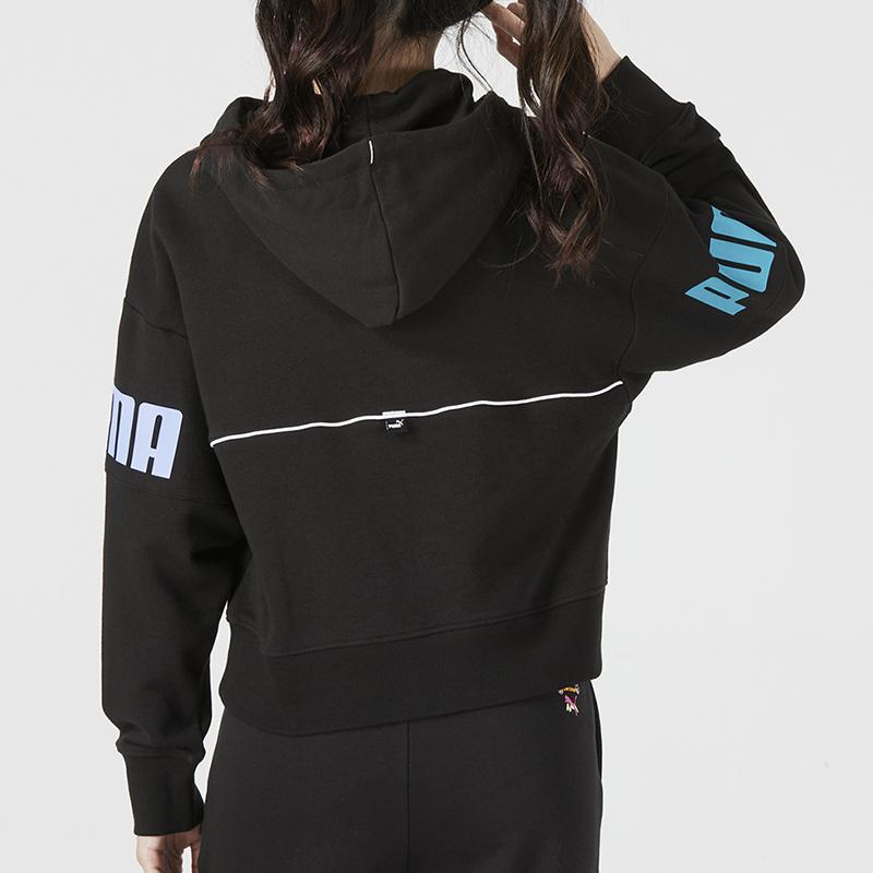 Puma Минималистичный спортивный повседневный свитер с логотипом и буквенным принтом, цветной блок, круглый вырез, заниженная линия плеч, женская футболка, черный цвет 673638-91