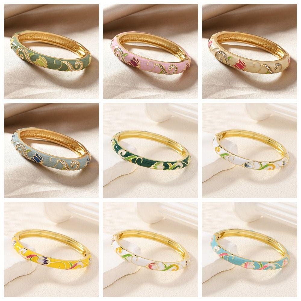 Open Chinese Cloisonne Bracelet Traditional Cheongsam Bracelet Classic Lotus Flower Bangle  Daily