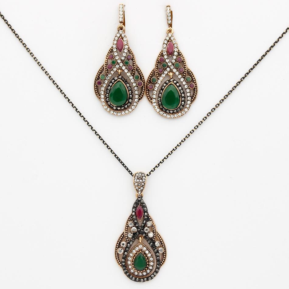 Gold Color Women Long Hook Dangle Earring Water Drop Pendant Necklace Jewelry Sets Antique Resin Ethnic Bijoux
