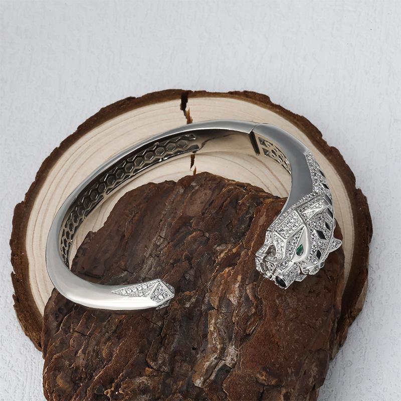 European and American Style Domineering Zircon-set Leopard Head Open Bracelet Jewelry