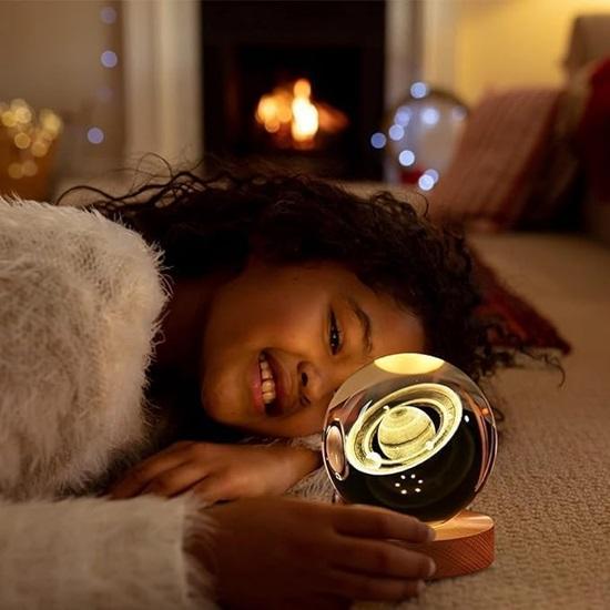 Moon Crystal Ball Night Lamp, Creative Engraved  Room, USB Table LED Lamp with Woodern Base, Light for Home Office Decoration Birthday Gift