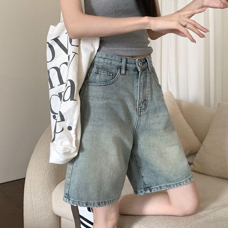 Женские джинсовые шорты с высокой талией, винтажные потертые прямые широкие штаны, однотонные пуговицы на молнии, уличная одежда, джинсы длиной до колена, короткие брюки, большие размеры