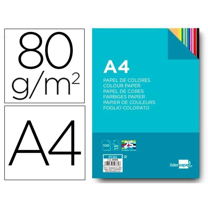 Papier Couleur Liderpapel Multifonction A4 80g/m2 Assortiment 25 Couleurs Paquet 100 Feuilles